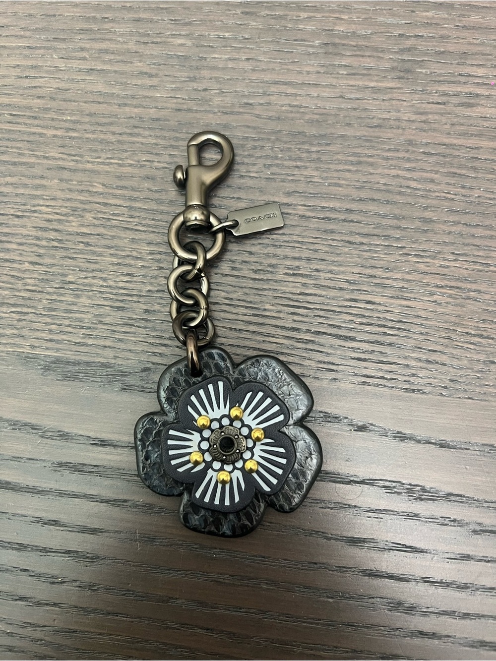 Coach tea rose Black Floral Leather Key Charm with White and Gold Accents